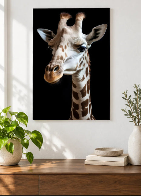 A Soft Spot for Giraffes (Giraffe), shown as frameless acrylic artwork above a walnut console against a white wall.