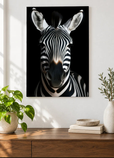 The Zebra Mane Event (Zebra), shown as frameless acrylic artwork above a walnut console against a white wall.