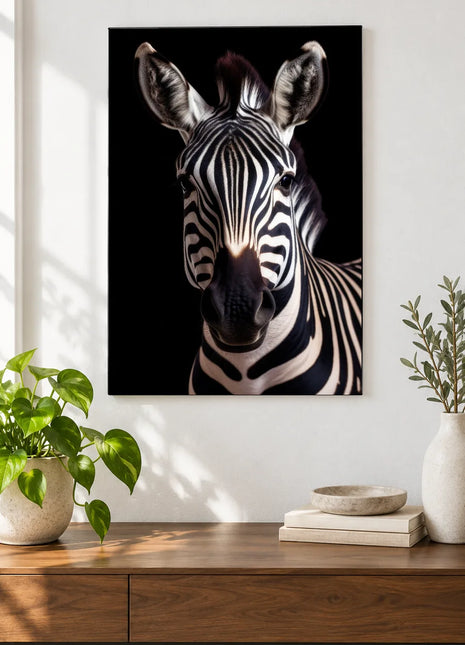 Shoulder Your Stripes (Zebra), shown as frameless acrylic artwork above a walnut console against a white wall.