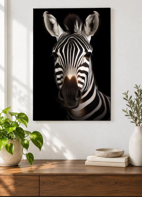 Zebra Between the Lines (Zebra), shown as frameless acrylic artwork above a walnut console against a white wall.