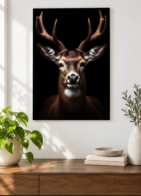 The Branching-Out Stag (Deer), shown as frameless acrylic artwork above a walnut console against a white wall.