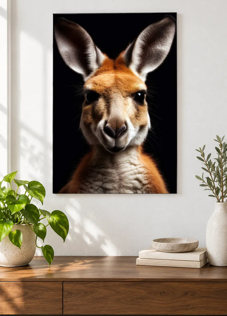 All Ears, All Roo (Kangaroo), shown as frameless acrylic artwork above a walnut console against a white wall.