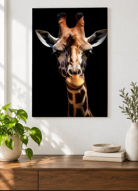 The Giraffe's Long Game (Giraffe), shown as frameless acrylic artwork above a walnut console against a white wall.