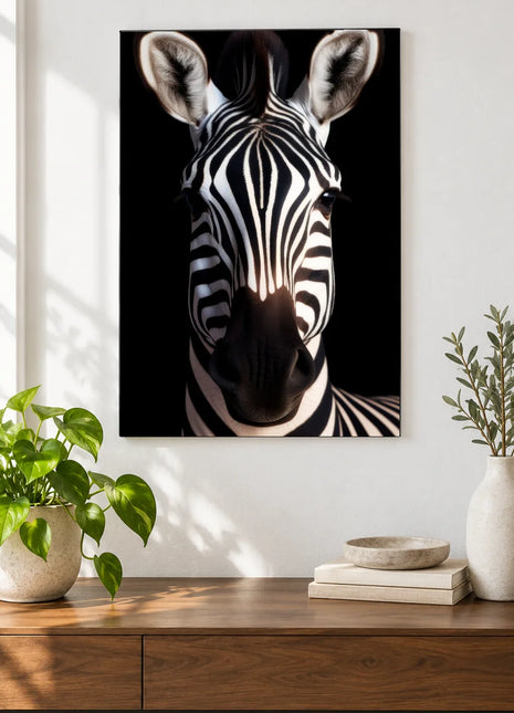A Zebra's Golden Touch (Zebra), shown as frameless acrylic artwork above a walnut console against a white wall.