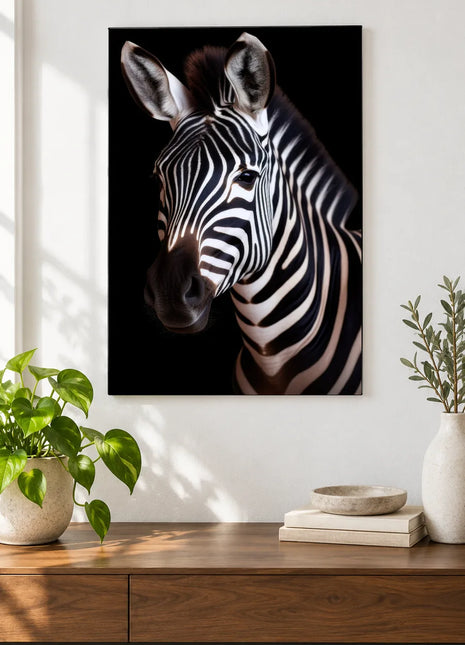 A Turn in the Stripes (Zebra), shown as frameless acrylic artwork above a walnut console against a white wall.