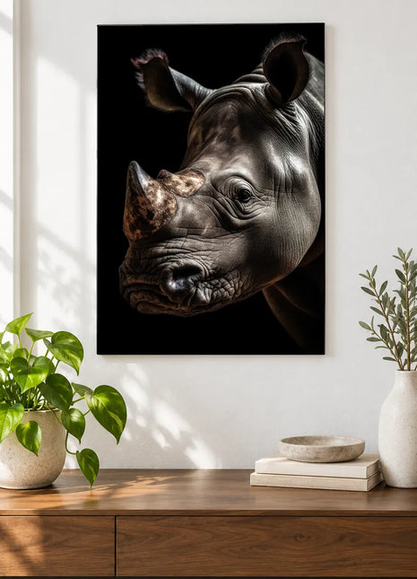 A Rhino's Point of View (Rhinoceros), shown as frameless acrylic artwork above a walnut console against a white wall.