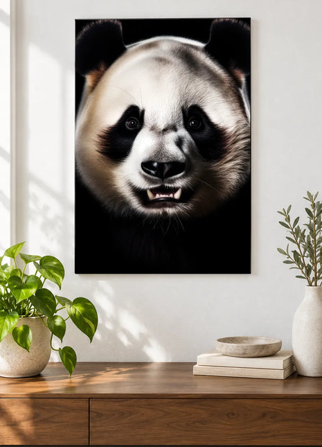 The Panda's Little Grin (Panda), shown as frameless acrylic artwork above a walnut console against a white wall.