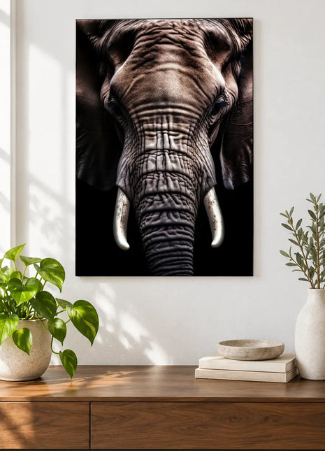 Elephant, Fold by Fold (Elephant), shown as frameless acrylic artwork above a walnut console against a white wall.