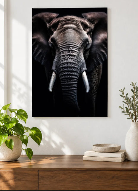 Big Ears, Quiet Presence (Elephant), shown as frameless acrylic artwork above a walnut console against a white wall.