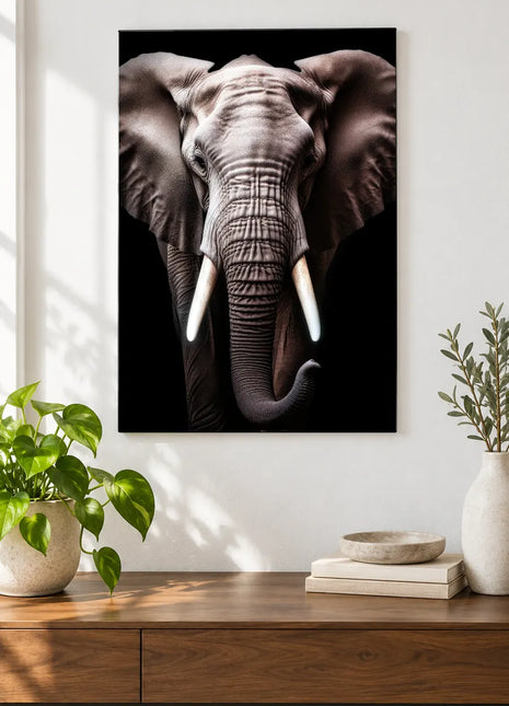 A Curl in the Trunk (Elephant), shown as frameless acrylic artwork above a walnut console against a white wall.