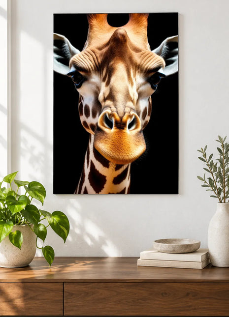Giraffe Says Hello (Giraffe), shown as frameless acrylic artwork above a walnut console against a white wall.