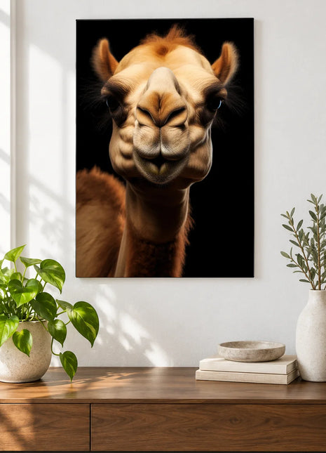 The Camel's Cheeky Hello (Camel), shown as frameless acrylic artwork above a walnut console against a white wall.