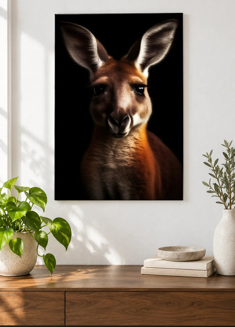 Ready, Set, Roo (Kangaroo), shown as frameless acrylic artwork above a walnut console against a white wall.