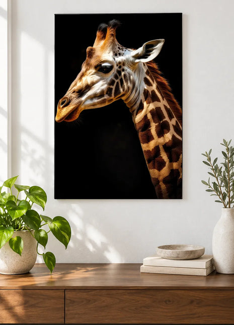 The Giraffe's Side of the Story (Giraffe), shown as frameless acrylic artwork above a walnut console against a white wall.