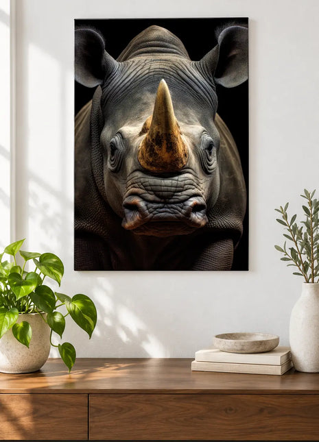 Rhino: Point Taken (Rhinoceros), shown as frameless acrylic artwork above a walnut console against a white wall.