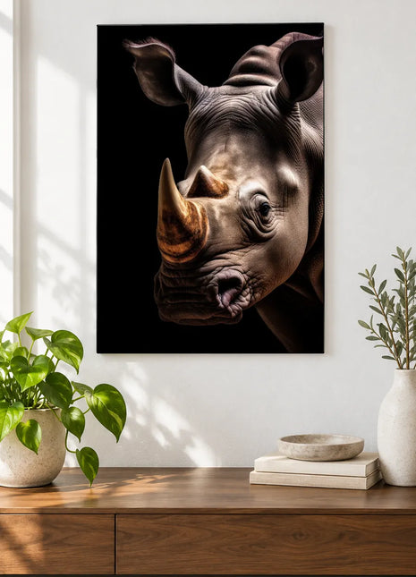 Two-Horn Perspective (Rhinoceros), shown as frameless acrylic artwork above a walnut console against a white wall.