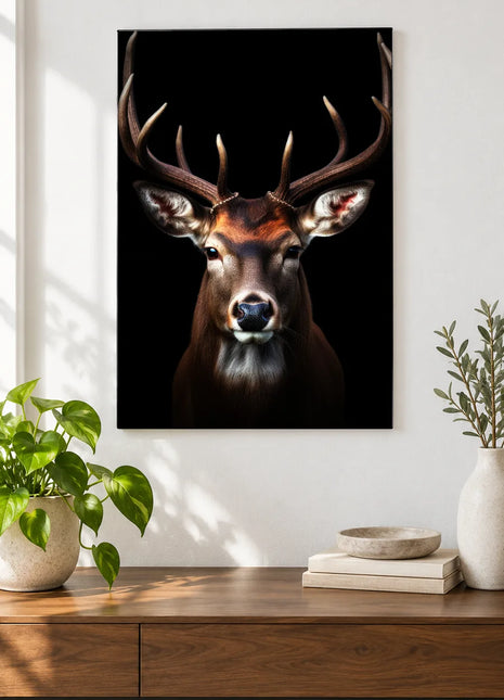 The Stag's Branching Gaze (Deer), shown as frameless acrylic artwork above a walnut console against a white wall.