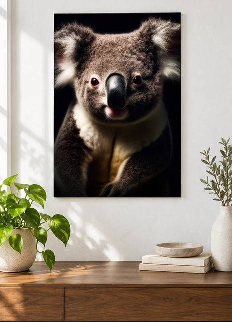 The Ear-Resistible Koala (Koala), shown as frameless acrylic artwork above a walnut console against a white wall.