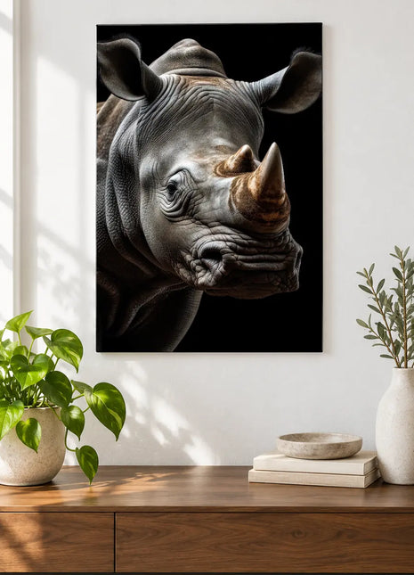 Rhino Ridge Lines (Rhinoceros), shown as frameless acrylic artwork above a walnut console against a white wall.