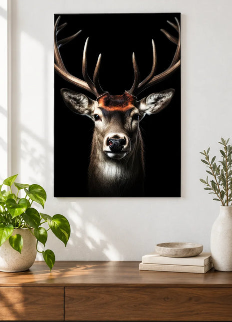 The Stag's Copper Crown (Deer), shown as frameless acrylic artwork above a walnut console against a white wall.