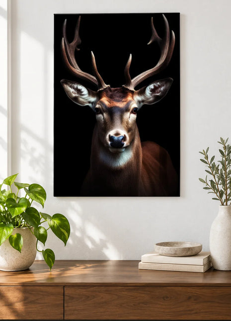 Antlers on the Rise (Deer), shown as frameless acrylic artwork above a walnut console against a white wall.