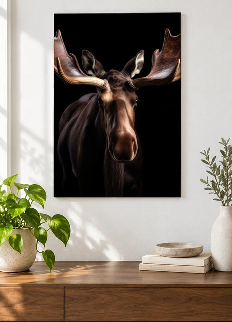 Moose with Room at the Top (Moose), shown as frameless acrylic artwork above a walnut console against a white wall.