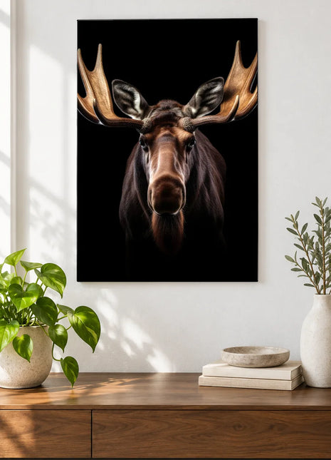 A Moose in Golden Outline (Moose), shown as frameless acrylic artwork above a walnut console against a white wall.