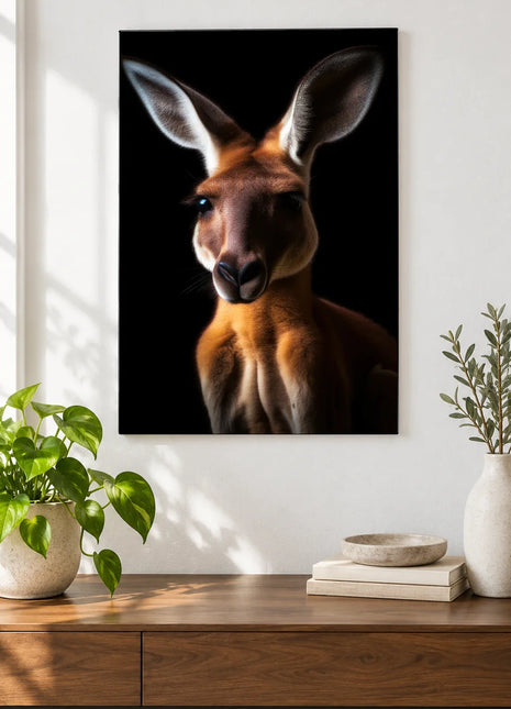 Roo with a View (Kangaroo), shown as frameless acrylic artwork above a walnut console against a white wall.