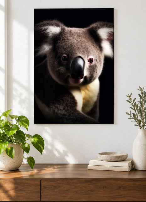 A Koala Soft Spot (Koala), shown as frameless acrylic artwork above a walnut console against a white wall.