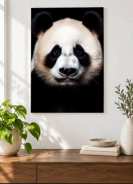 Panda Cheeks for Days (Panda), shown as frameless acrylic artwork above a walnut console against a white wall.