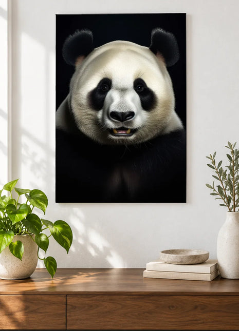 Small Smile, Big Panda (Panda), shown as frameless acrylic artwork above a walnut console against a white wall.
