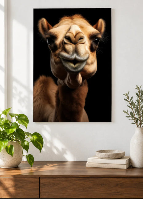 Camel, Cheek to Cheek (Camel), shown as frameless acrylic artwork above a walnut console against a white wall.