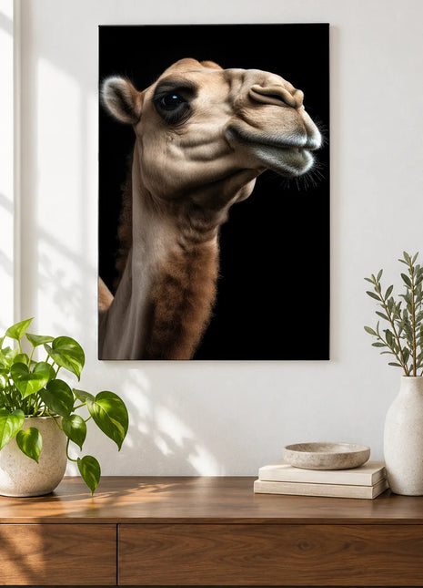 Chin Up, Camel (Camel), shown as frameless acrylic artwork above a walnut console against a white wall.