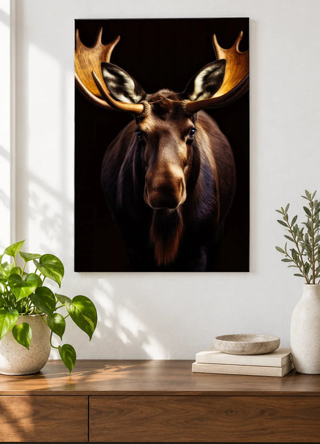 The Moose's Grand Entrance (Moose), shown as frameless acrylic artwork above a walnut console against a white wall.