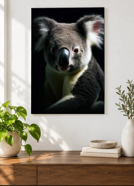The Koala Lean-In (Koala), shown as frameless acrylic artwork above a walnut console against a white wall.