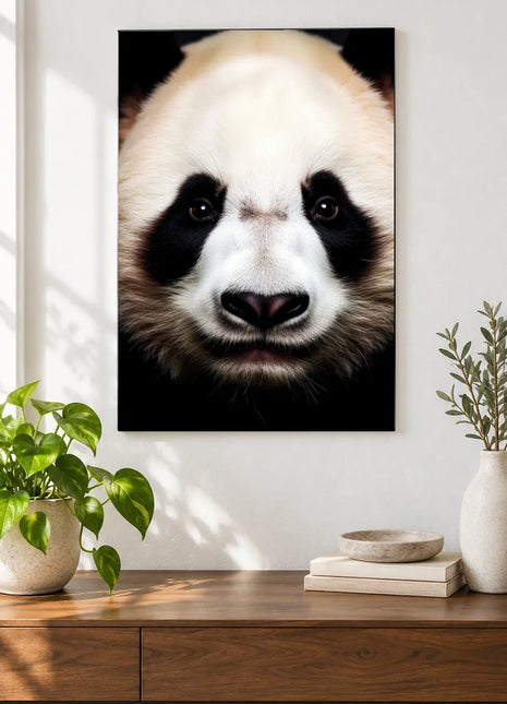Panda, Up Close and Personal (Panda), shown as frameless acrylic artwork above a walnut console against a white wall.