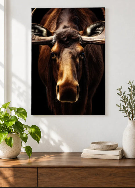 Moose, Muzzle First (Moose), shown as frameless acrylic artwork above a walnut console against a white wall.
