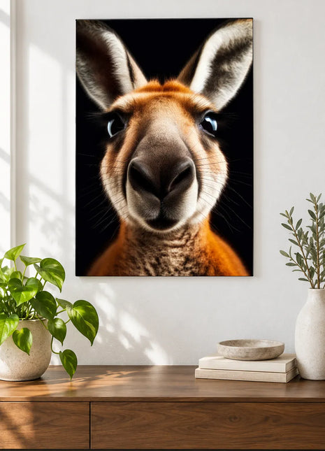 The Roo's Nose Knows (Kangaroo), shown as frameless acrylic artwork above a walnut console against a white wall.