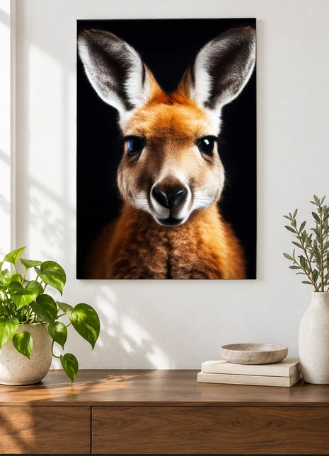 A Roo's Silver Linings (Kangaroo), shown as frameless acrylic artwork above a walnut console against a white wall.