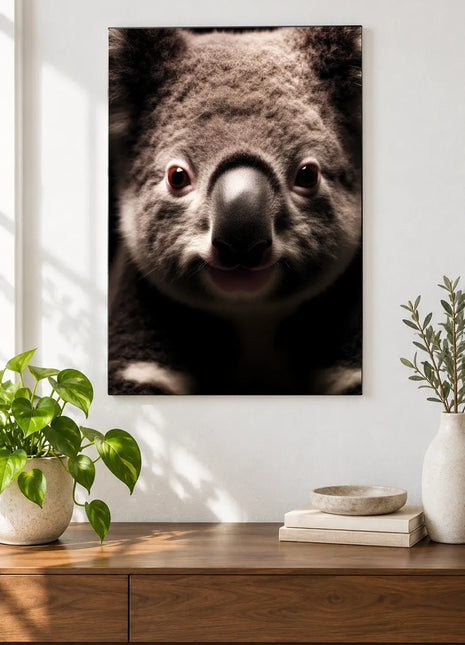 Koala Nose-to-Nose Close-Up (Koala), shown as frameless acrylic artwork above a walnut console against a white wall.