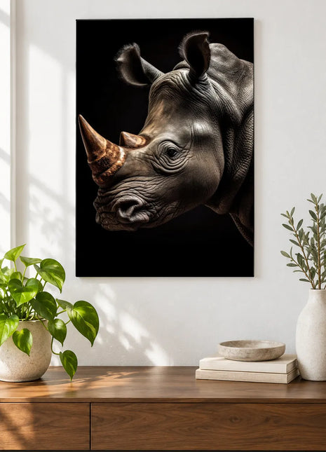 The Sharp-Looking Rhino (Rhinoceros), shown as frameless acrylic artwork above a walnut console against a white wall.