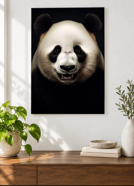 Panda Says Cheese (Panda), shown as frameless acrylic artwork above a walnut console against a white wall.