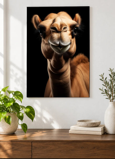 The Camel's Long Smile (Camel), shown as frameless acrylic artwork above a walnut console against a white wall.