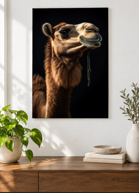 The Shaggy Side of Camel (Camel), shown as frameless acrylic artwork above a walnut console against a white wall.