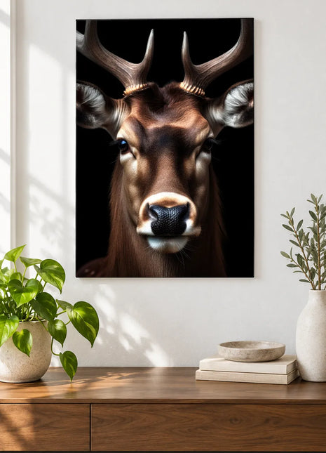 The Stag's White-Muzzle Welcome (Deer), shown as frameless acrylic artwork above a walnut console against a white wall.