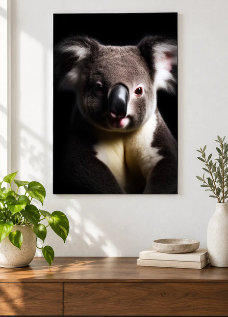 Koala, Tongue in Cheek (Koala), shown as frameless acrylic artwork above a walnut console against a white wall.