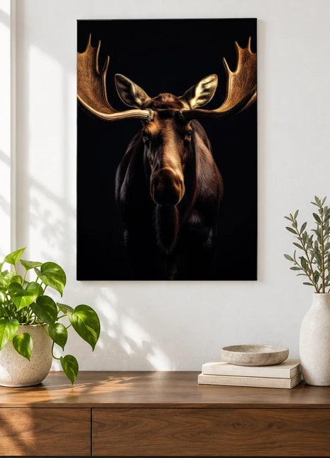 The Moose's Antler Overture (Moose), shown as frameless acrylic artwork above a walnut console against a white wall.