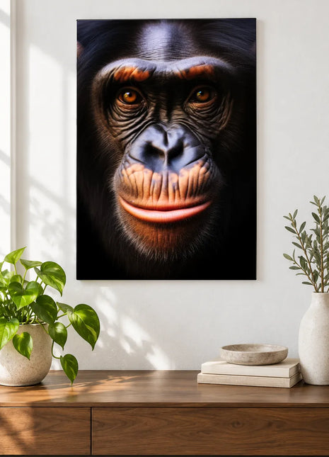 Copper Curiosity (Chimpanzee), shown as frameless acrylic artwork above a walnut console against a white wall.