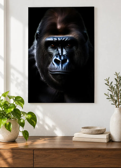 Cool as a Gorilla (Gorilla), shown as frameless acrylic artwork above a walnut console against a white wall.
