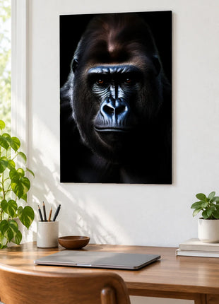 Cool as a Gorilla (Gorilla), shown as frameless acrylic artwork above a wooden desk against a white wall.
